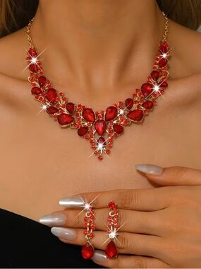 Gold-Tone Red Crystal Statement Necklace with Matching Earrings
